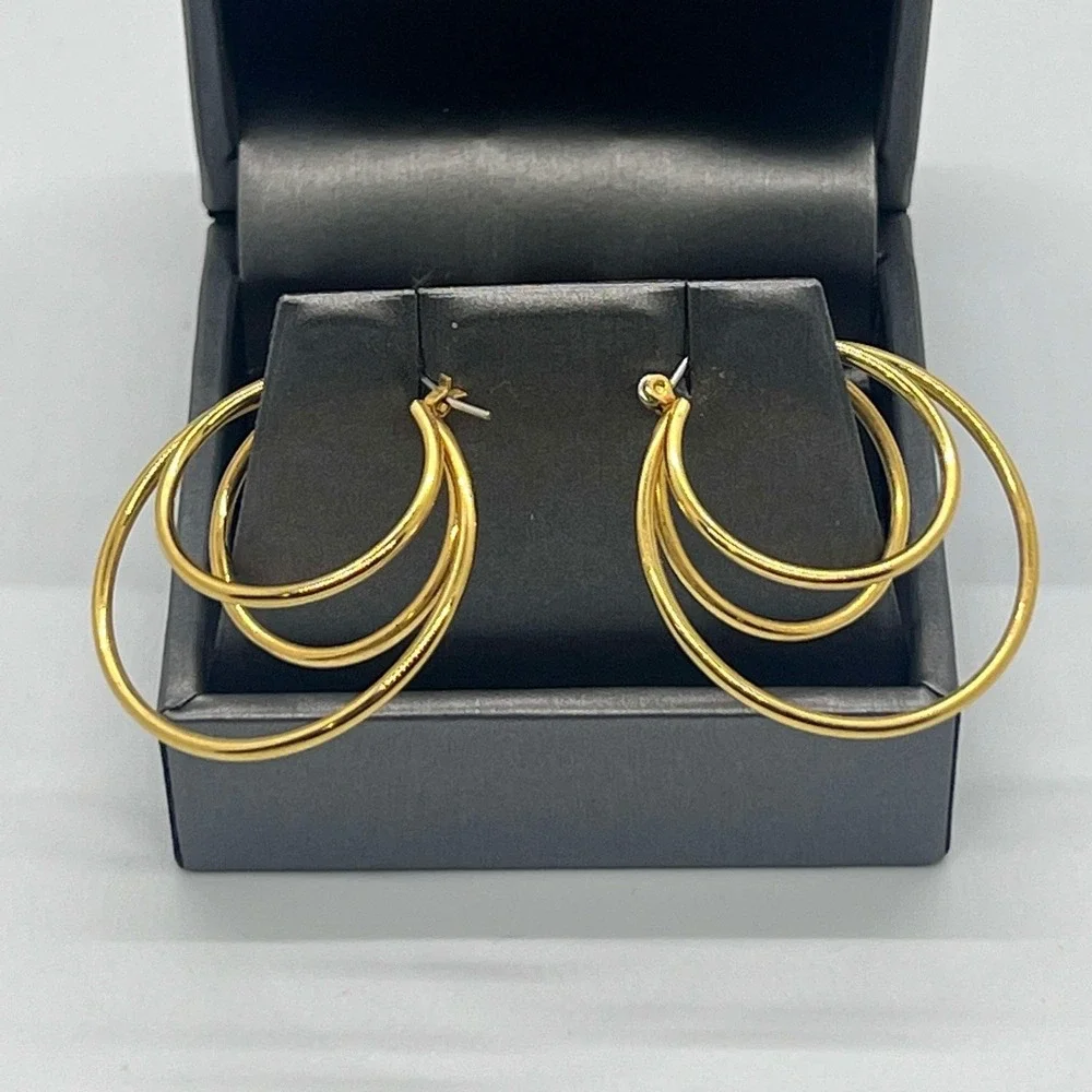 VINTAGE‎ Gold TONE TRIPLE HOOP EARRINGS 1